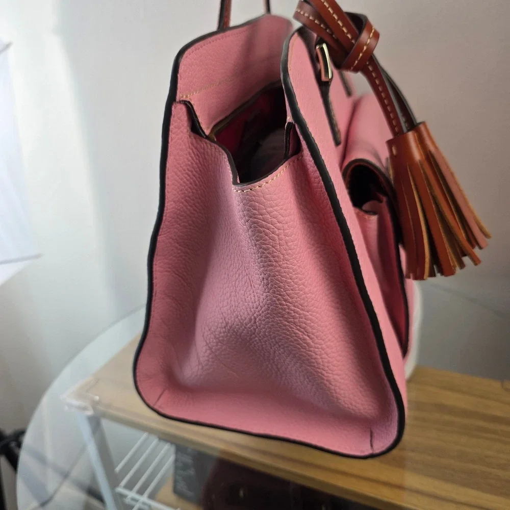 Dooney & Bourke Pink Pebbled Leather Shoulder Bag Brown Trim Tassel Logo Purse